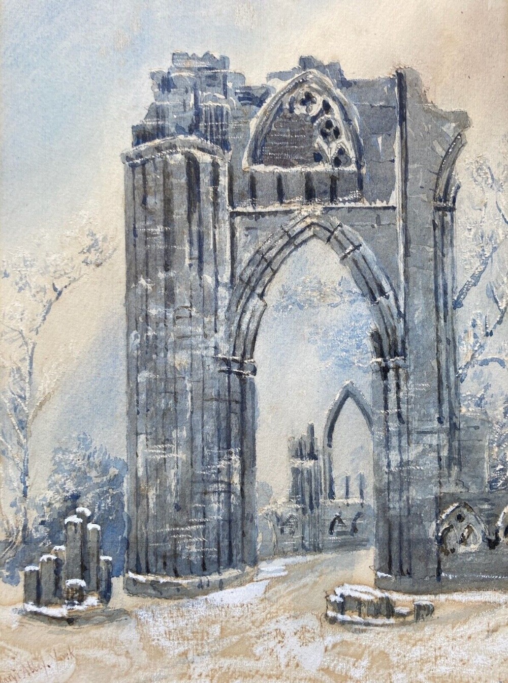William James Boddy Original 19th Century Antique Watercolour Painting St Mary's Abbey in Snow Museum Gardens York Yorkshire Landscape