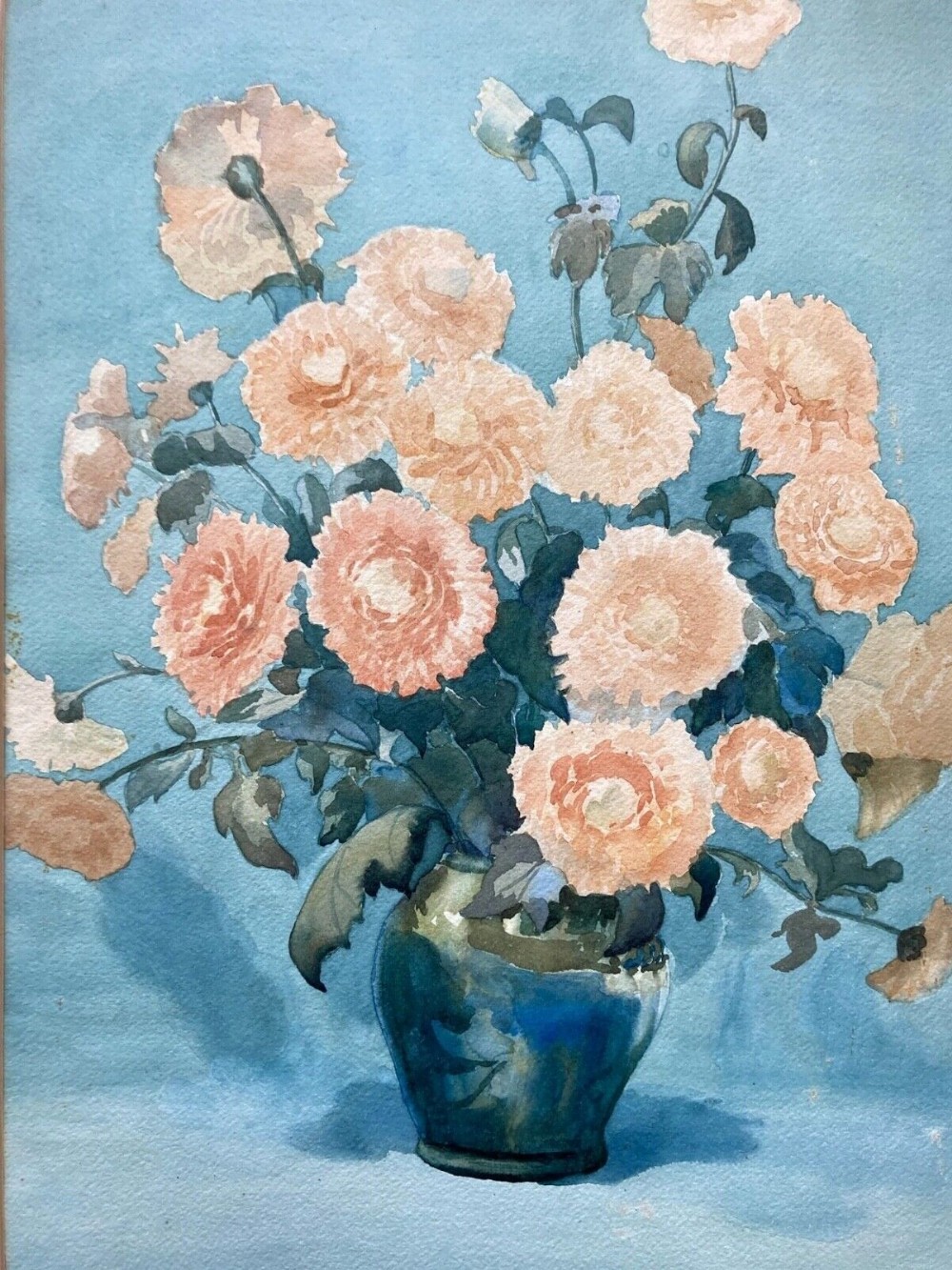 Olive Higginbottom Signed Original Early 20th Century Antique Watercolour Painting Still Life Study of Orange Flowers in a Blue Vase No. 29