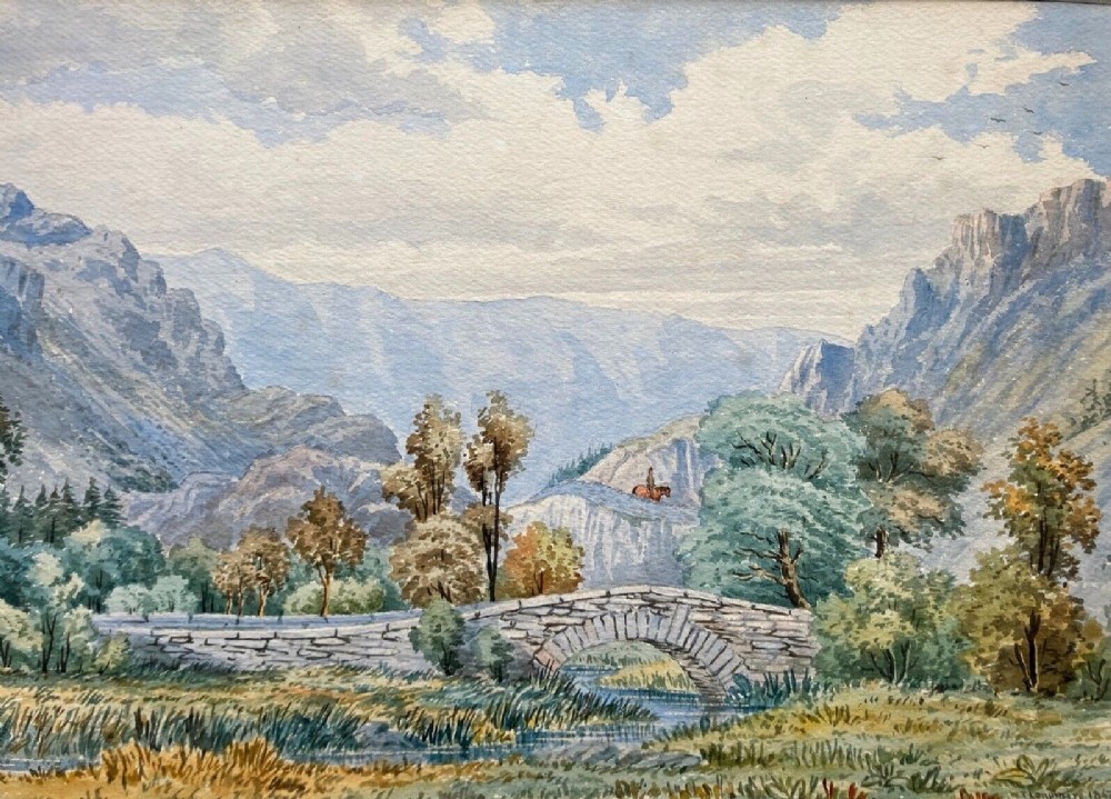 WT Longmire 1867 Signed Original 19th Century Antique Watercolour Painting Borrowdale Bridge Cumberland Old Cumbria Landscape.