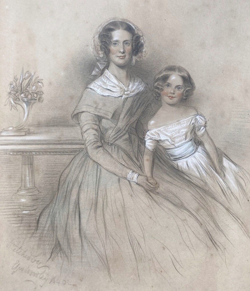 Georges Woodley 1840 Signed Original 19th Century Antique Watercolour Painting Family Portrait Mother & Daughter