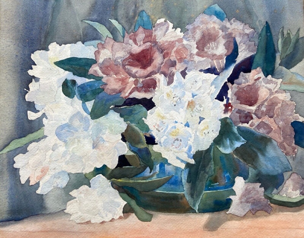Olive Higginbottom Large Framed Original early20th Century Antique Watercolour Painting Still Life Study of Rhododendron Flowers No 30