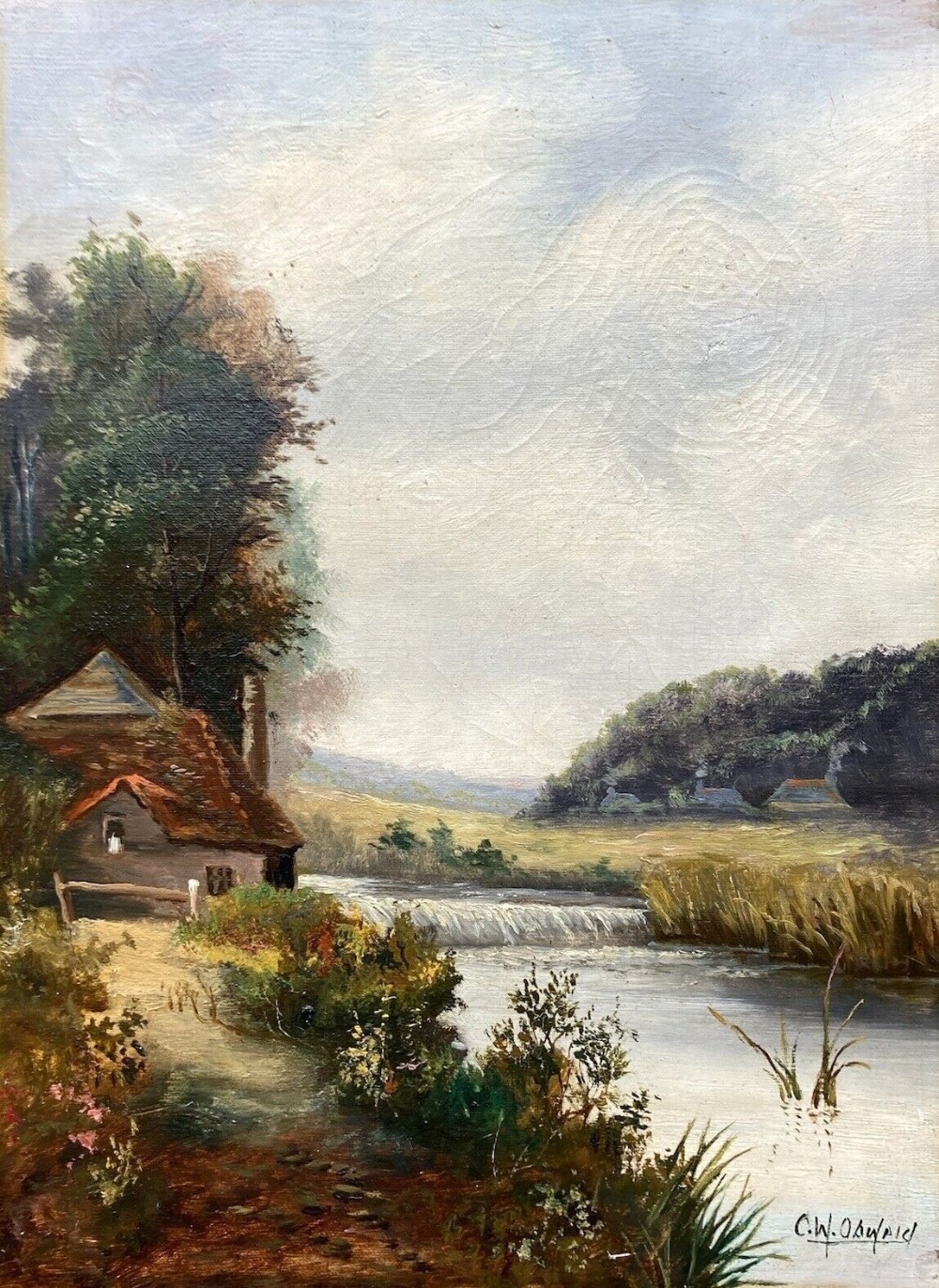 Charles W Oswald Signed Original late 19th Century Antique Oil Painting on Canvas Watermill River & Cottage Landscape