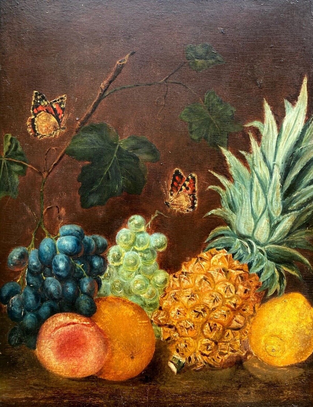 Original 19th Century English School Antique Still Life Oil Painting on Wood Panel Fruit & Butterfly Study