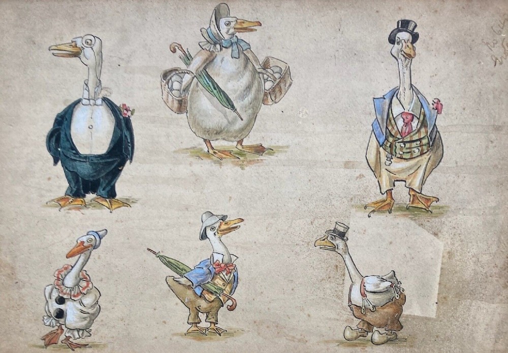 Original Early 20th Century Antique Watercolour Painting Cartoon Geese Caricatures Designs for Stoke Pottery