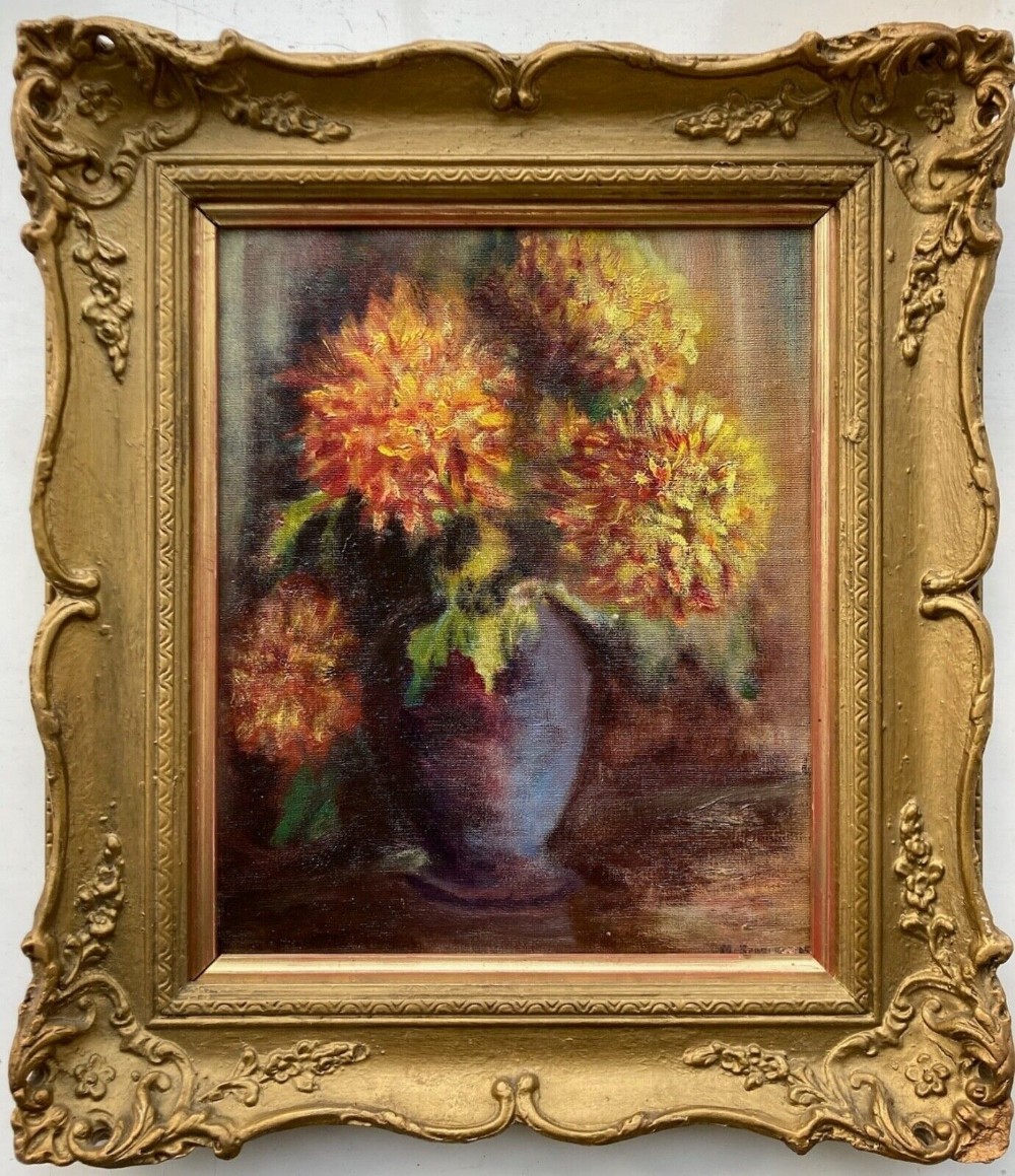 Original mid 20th Century Vintage Oil Painting on Board Still Life Study of Dahlia Flowers Presented in Decorative Gilt Frame