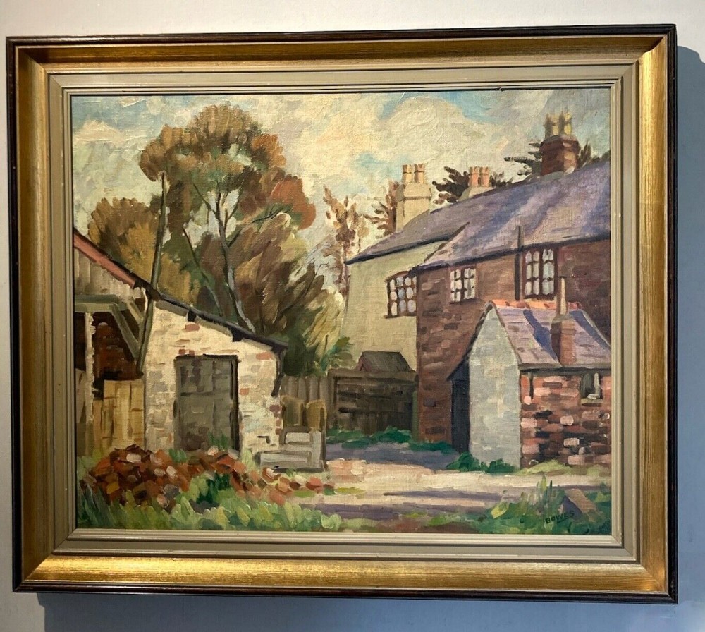 John Bowes Signed Original circa 1950 Vintage Oil Painting on Canvas English Farmstead Country Landscape 