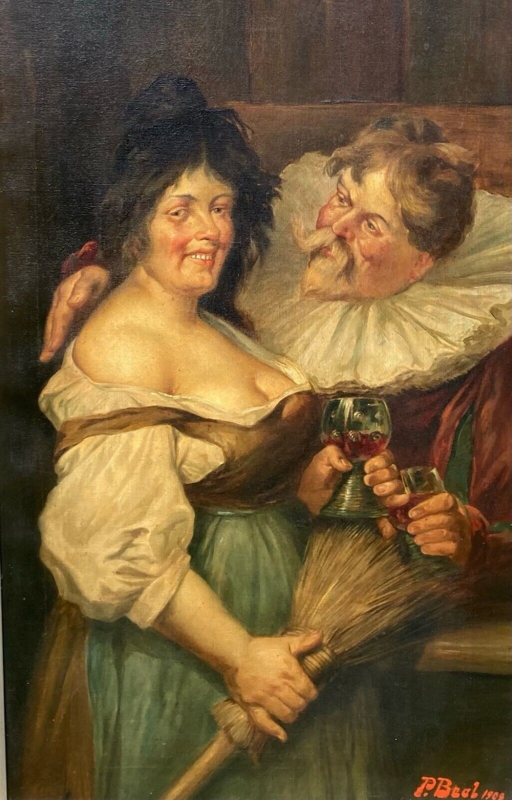 P Beal 1908 Signed Antique Oil Painting on Canvas Dutch School Tavern Interior Male & Female Revelers