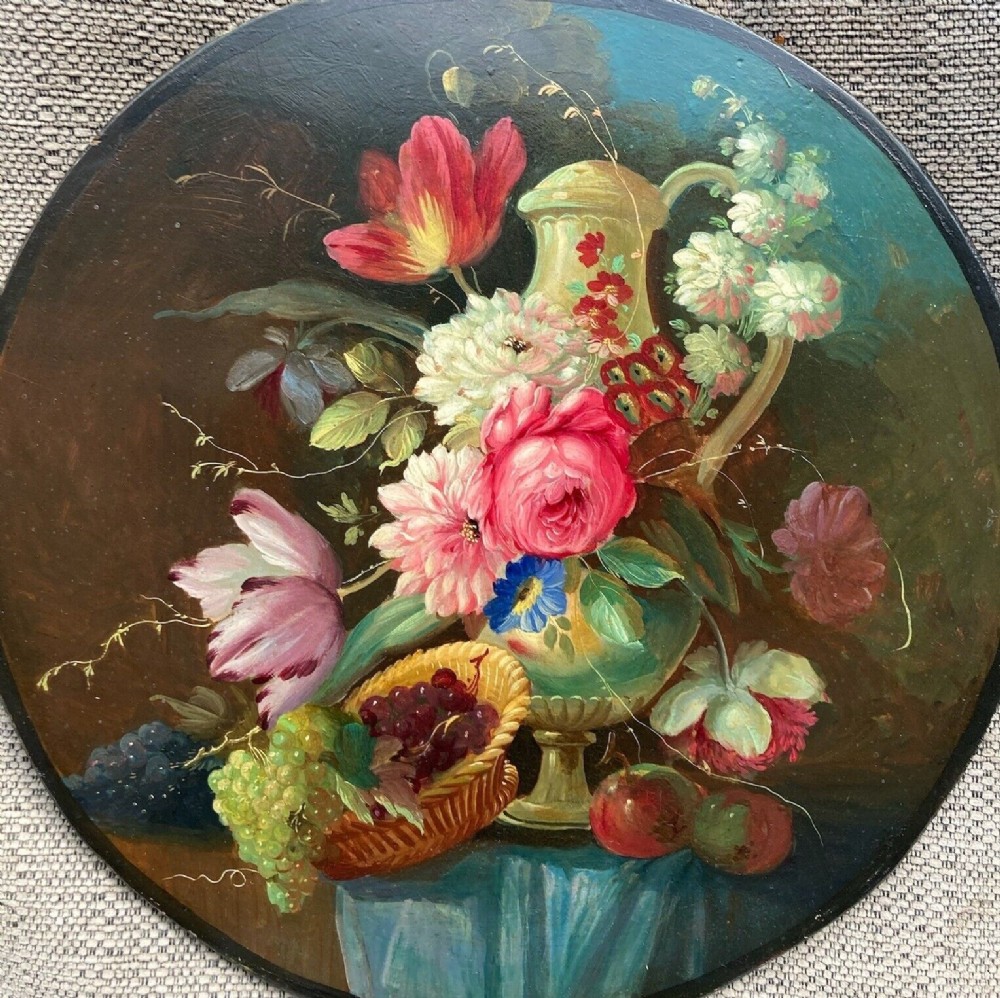 Original late 19th Century English School Antique Floral Still Life Oil Painting on Circular Wood Panel