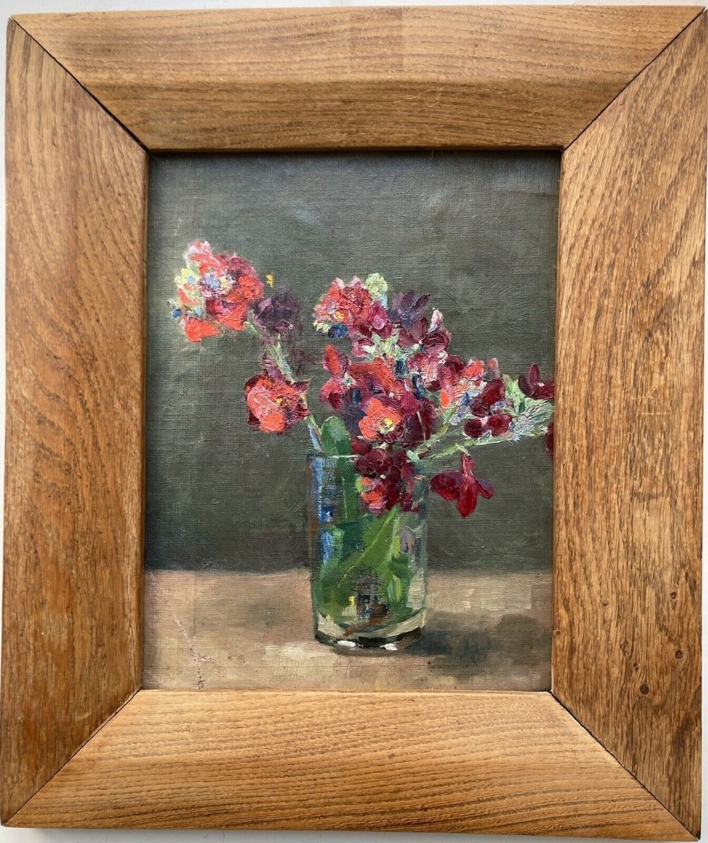 Vintage circa 1950's Original Oil Painting on Canvas Board Still Life Study of Red Flowers in Glass Vase Presented in an Oak Frame