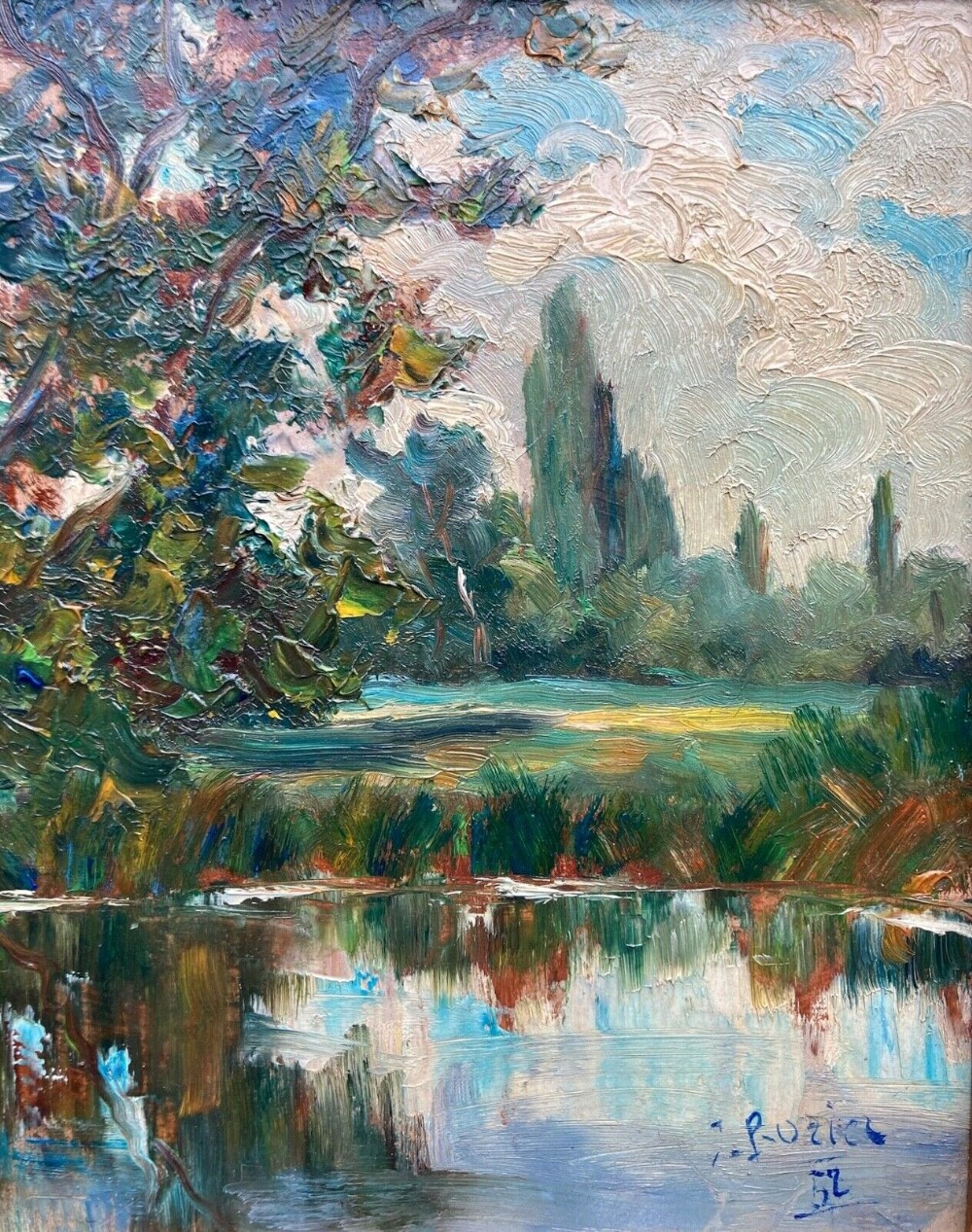 Indistinctly Signed Vintage 1953 Oil Painting on Board Lake & Tree Landscape with Harrods Label Verso