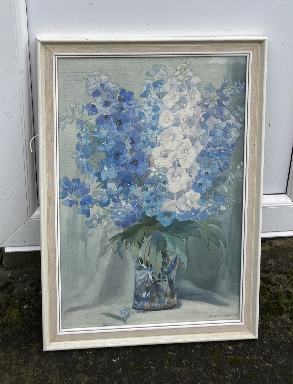Olive Higginbottom Original early 20th Century Antique Watercolour Painting Still Life Delphinium Flowers Painting No.3