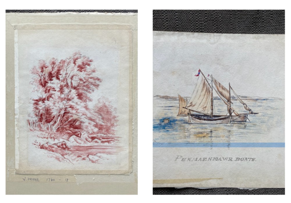 A two-sided 19th-century artwork featuring a red sanguine landscape drawing of trees beside a stream on one side, and a detailed maritime study of sailing boats labelled Penmaenmawr Boats on the reverse.