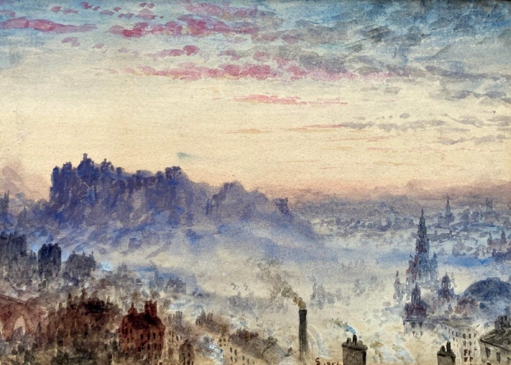 Signed & dated 1854 Original 19th Century Antique Watercolour Painting Misty View over Edinburgh Scotland Scottish Landscape