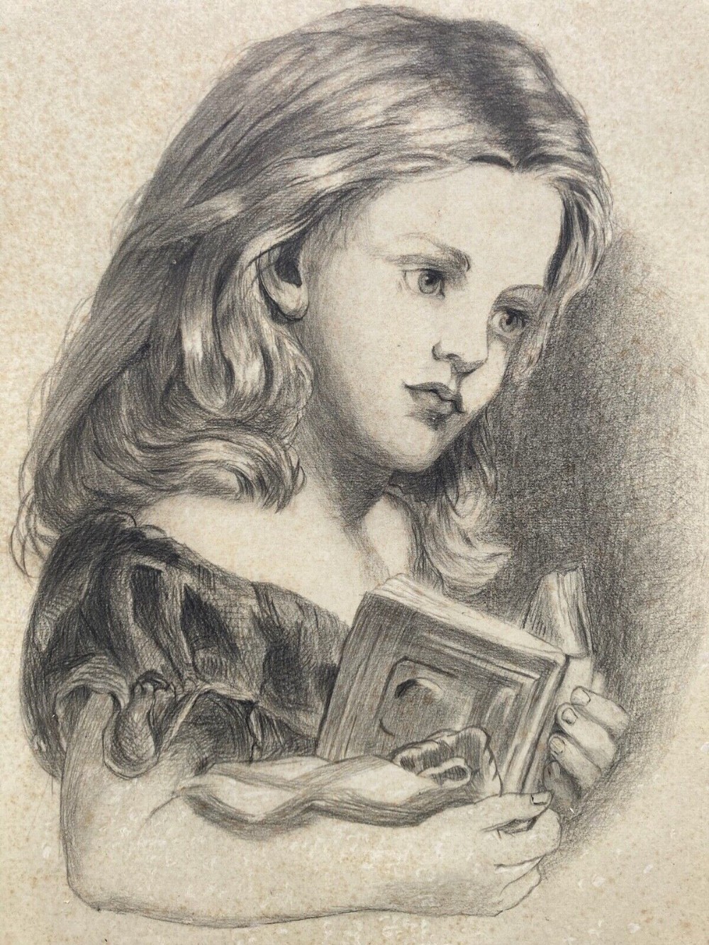 Original 19th Century Antique Charcoal Pencil Portrait Drawing of a Seated Young Girl with a Book