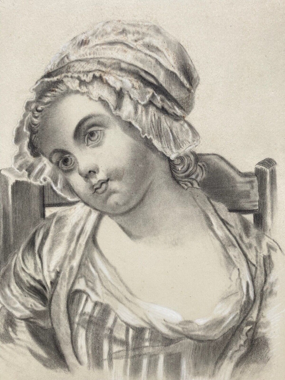 After Josephine Ducollet Original 19th Century Antique Charcoal Pencil Portrait Study of a Seated Young Girl wearing a Bonnet