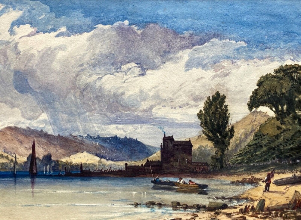 Indistinctly Signed Original 19th Century Antique Watercolour Painting Fishing in Calm Waters Scottish Landscape