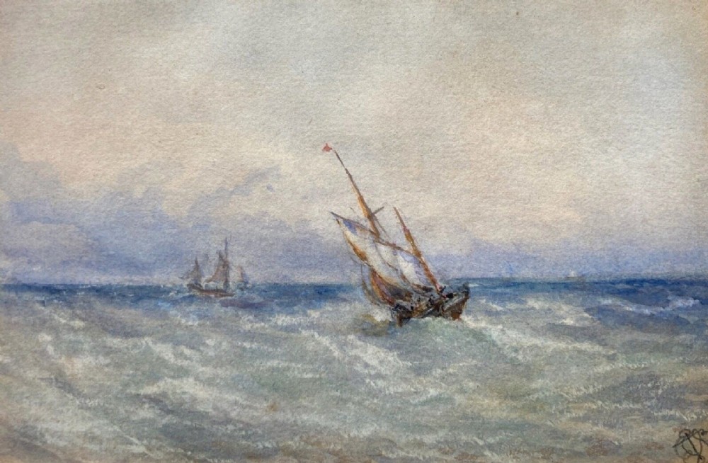 Indistinctly Monogrammed Signed Original 19th Century Antique Watercolour Painting Rough Sea Shipping Seascape 