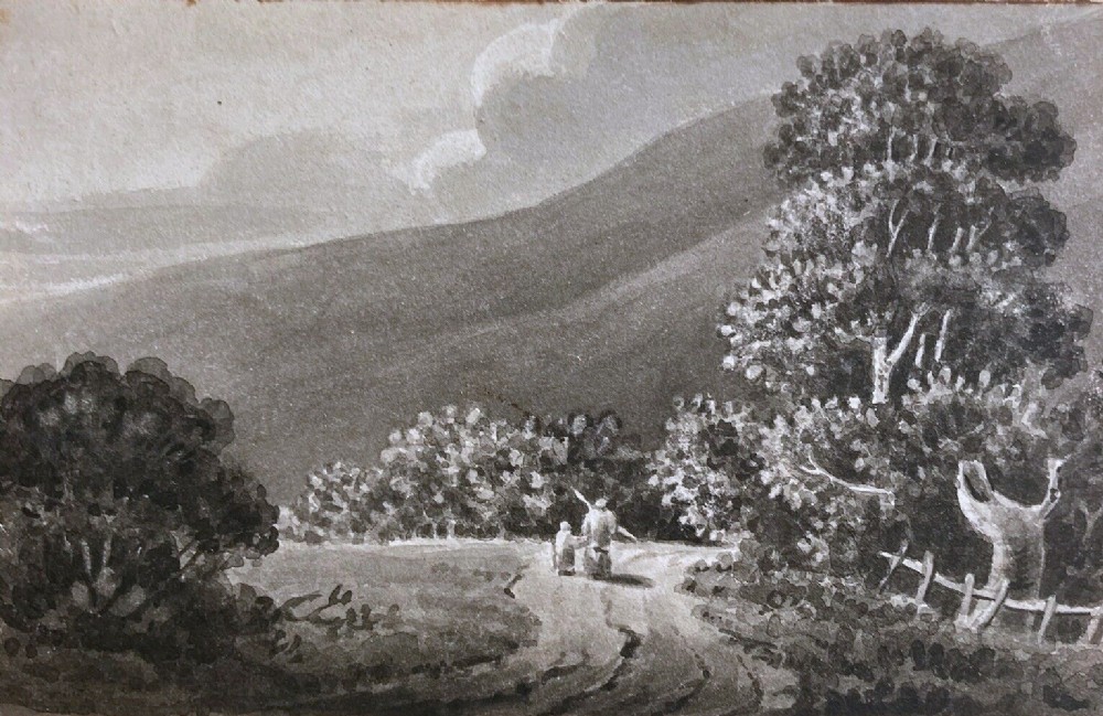 Original 19th Century Antique Grisaille Watercolour Painting Figures in a Country Landscape