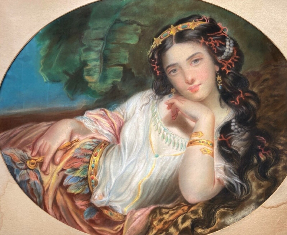 Original 19th Century English School Antique Pastel Drawing Painting Portrait of a Languorous Young Lady wearing Gold Tiara & Jewelry