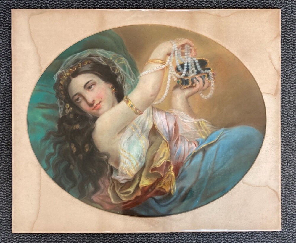 Original 19th Century English School Antique Pastel Portrait Drawing Painting Languorous Lady holding up a String of Pearls