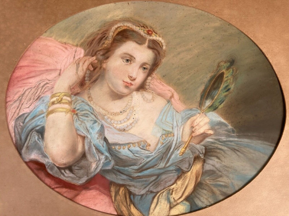 Original 19th Century English School Antique Pastel Portrait of Languorous Lady Looking into a Hand Mirror