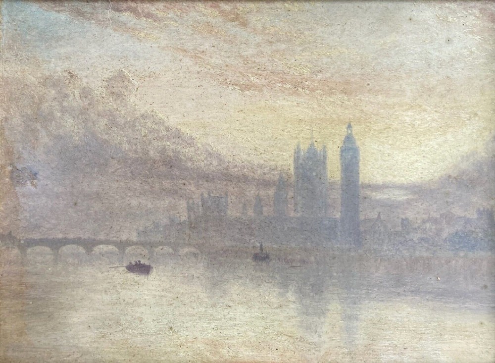 Original late 19th Century Oil Painting on Card, Houses of Parliament, London Cityscape in the Mist English Landscape