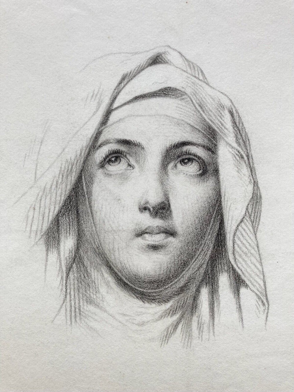 Original 19th Century Antique Charcoal Pencil Portrait of Carmelite nun, St. Teresa of Avila