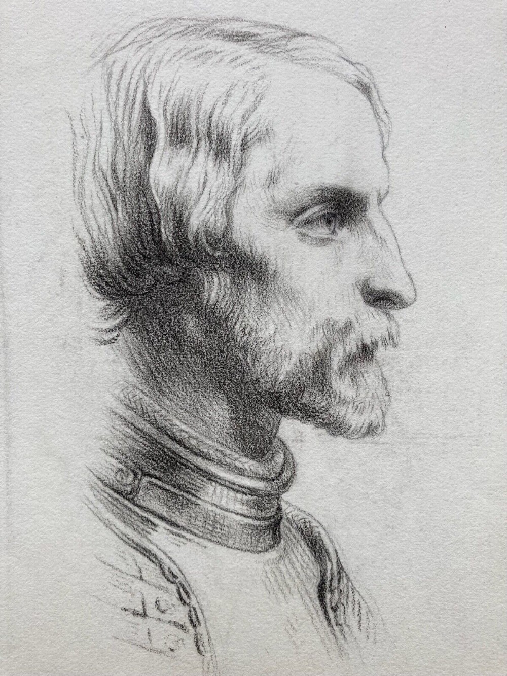 Original 19th Century Antique Charcoal Pencil Portrait Side Profile of a Military Man wearing Armour
