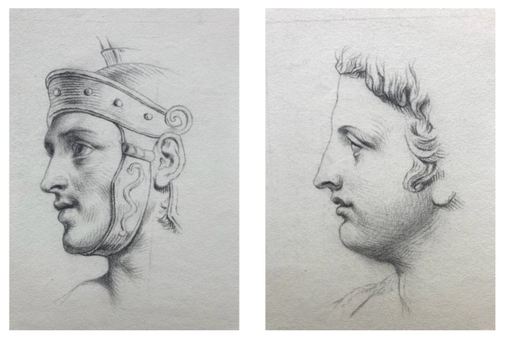 Original 19th Century Antique Charcoal Pencil Portraits Side Profiles of Roman Gentlemen