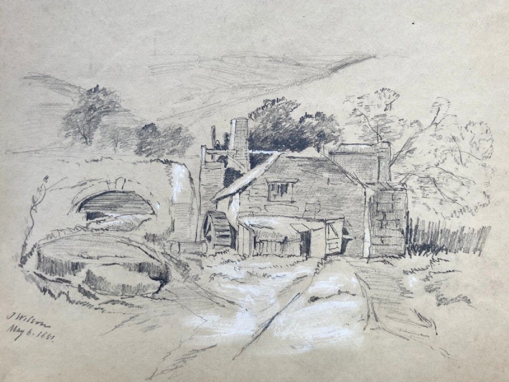 Signed J Wilson 1851 Original 19th Century Antique Pencil Sketch Water Mill English Landscape Study