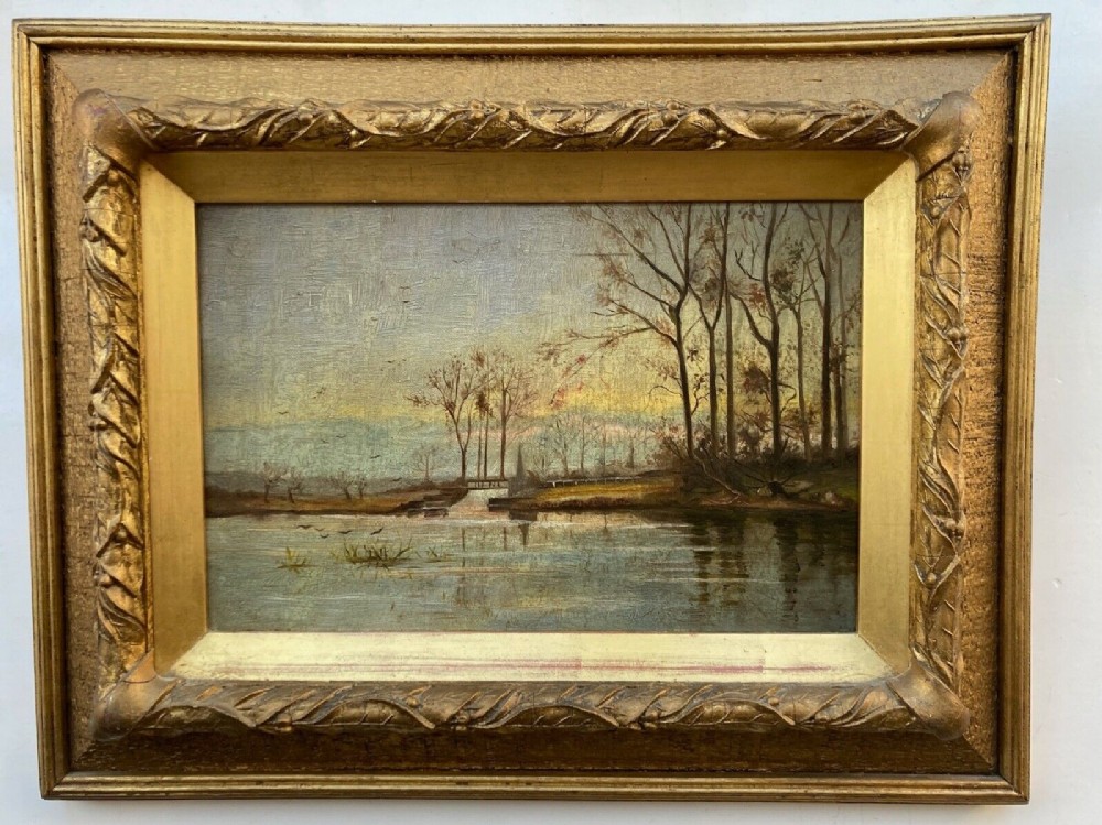 Original 19th Century English School Antique Oil Painting on Canvas Sandford Weir Oxfordshire Landscape