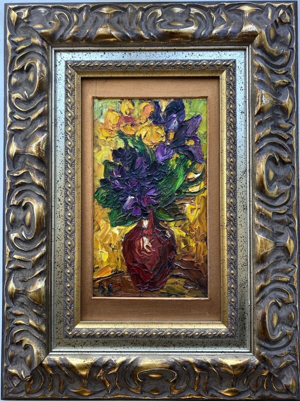 Vintage 1960's Mid 20th Century Impasto Oil Painting on Board Still Life Study of Purple & Yellow Flowers