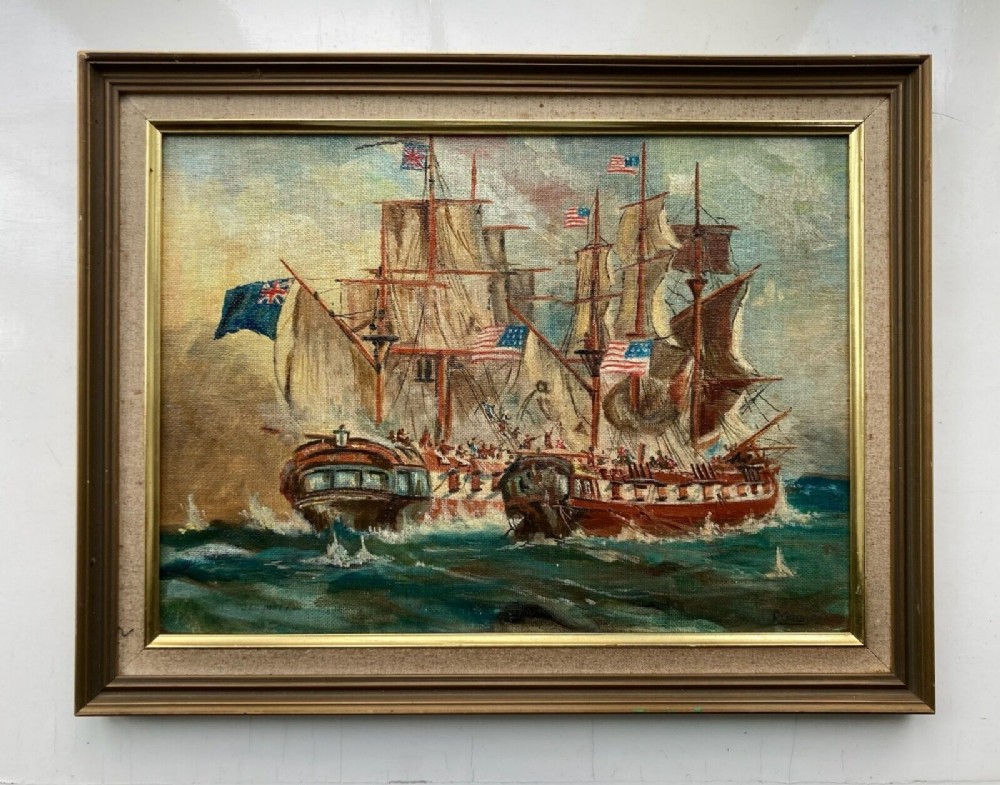 A framed mid-20th century oil painting depicting historic sailing warships battling on choppy blue seas under overcast skies.