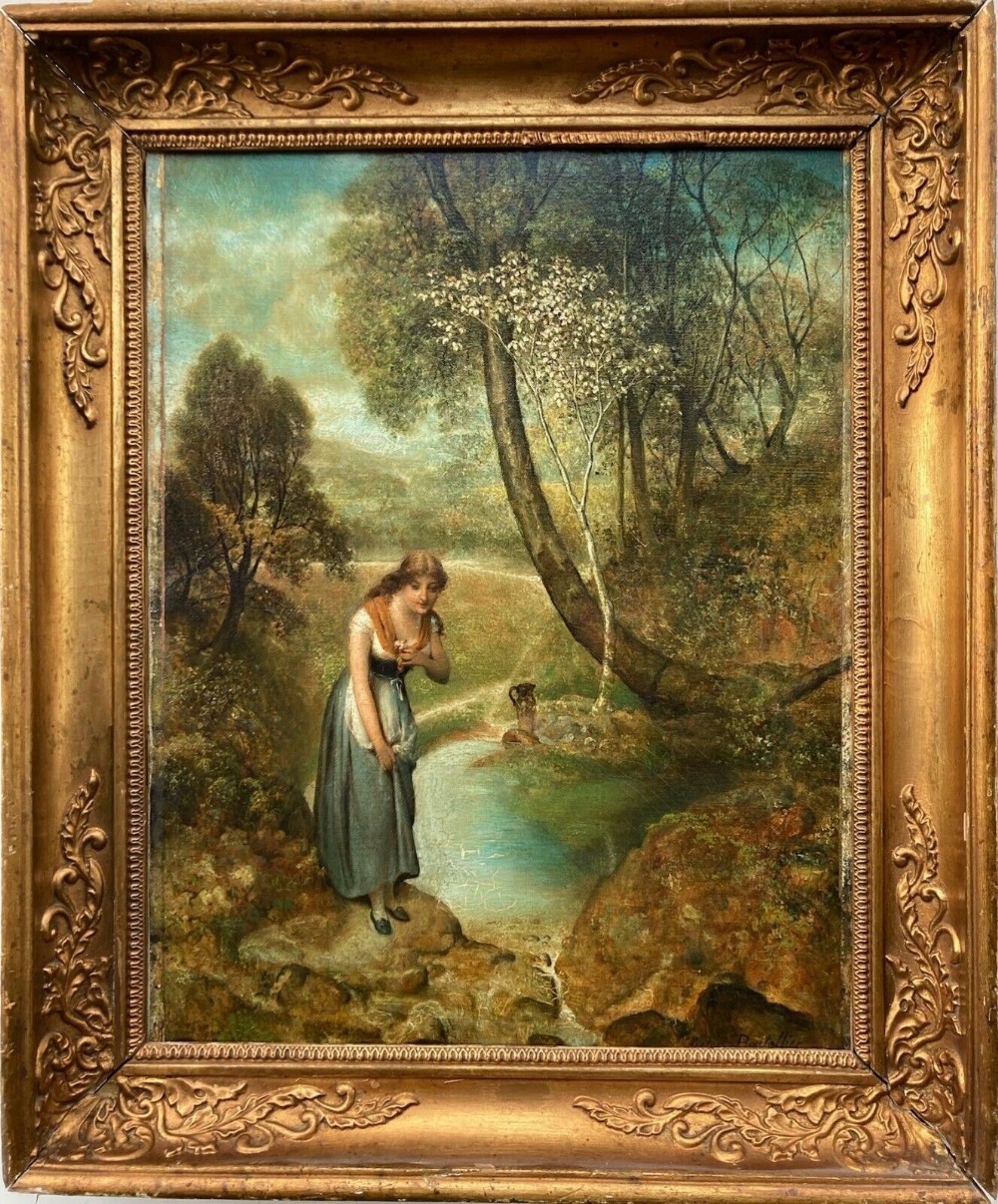 Victor Boutellier Signed Original 19th Century Antique Oil Painting on Canvas Portrait of a Young Woman by a Stream
