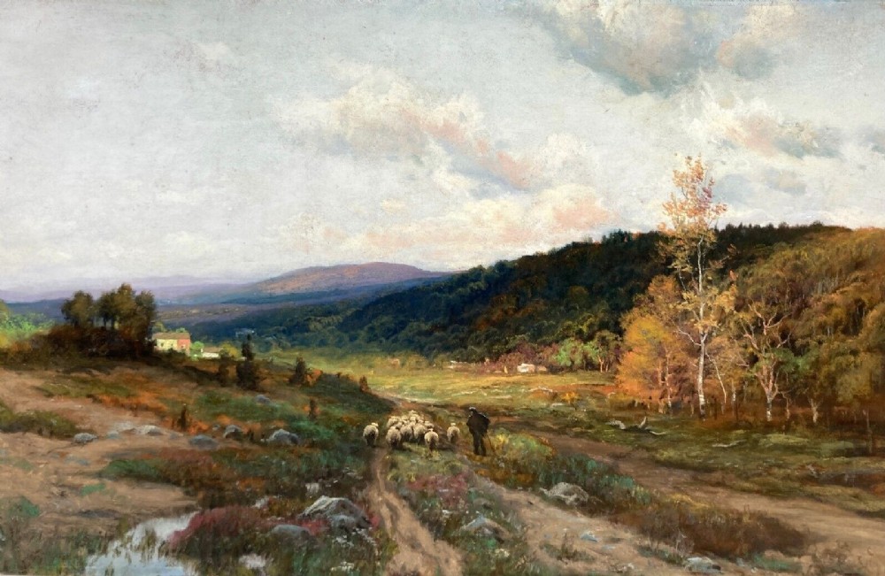 Paul Koehler (1866-1909) Signed Original Antique Pastel Drawing Painting Low Sun Farmer & Sheep Landscape 