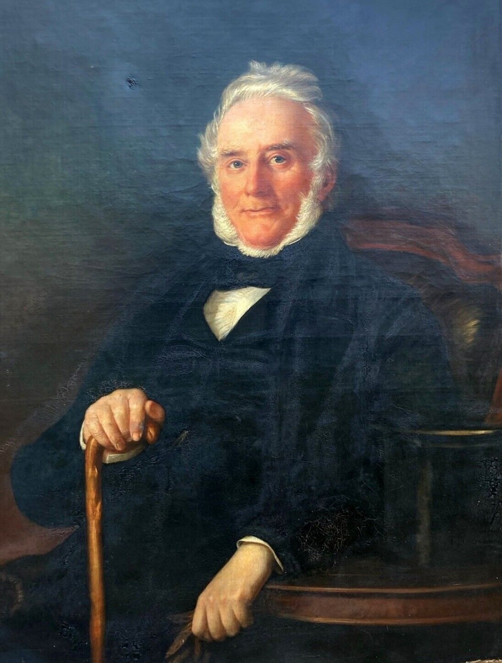 Large Original 19th Century English School Antique Oil Painting on Canvas Portrait of a Seated Victorian Gentleman with a Walking Cane