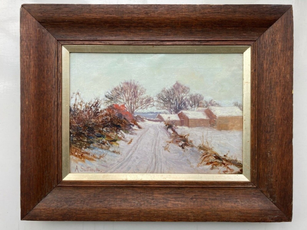 A Sutton (18)94 Signed Original 19th Century Antique British School Oil Painting on Canvas Farm Buildings in Snow English Landscape
