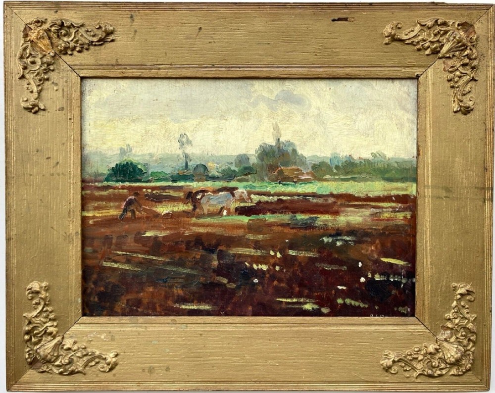 B J Dawson Signed Original early 20th Century Oil Painting on Wood Panel Ploughing 'Near Chelmsford Essex' English Landscape