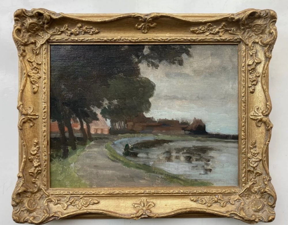 Original Early 20th Century Impressionist Oil Painting on Canvas Board Dutch Style River Landscape