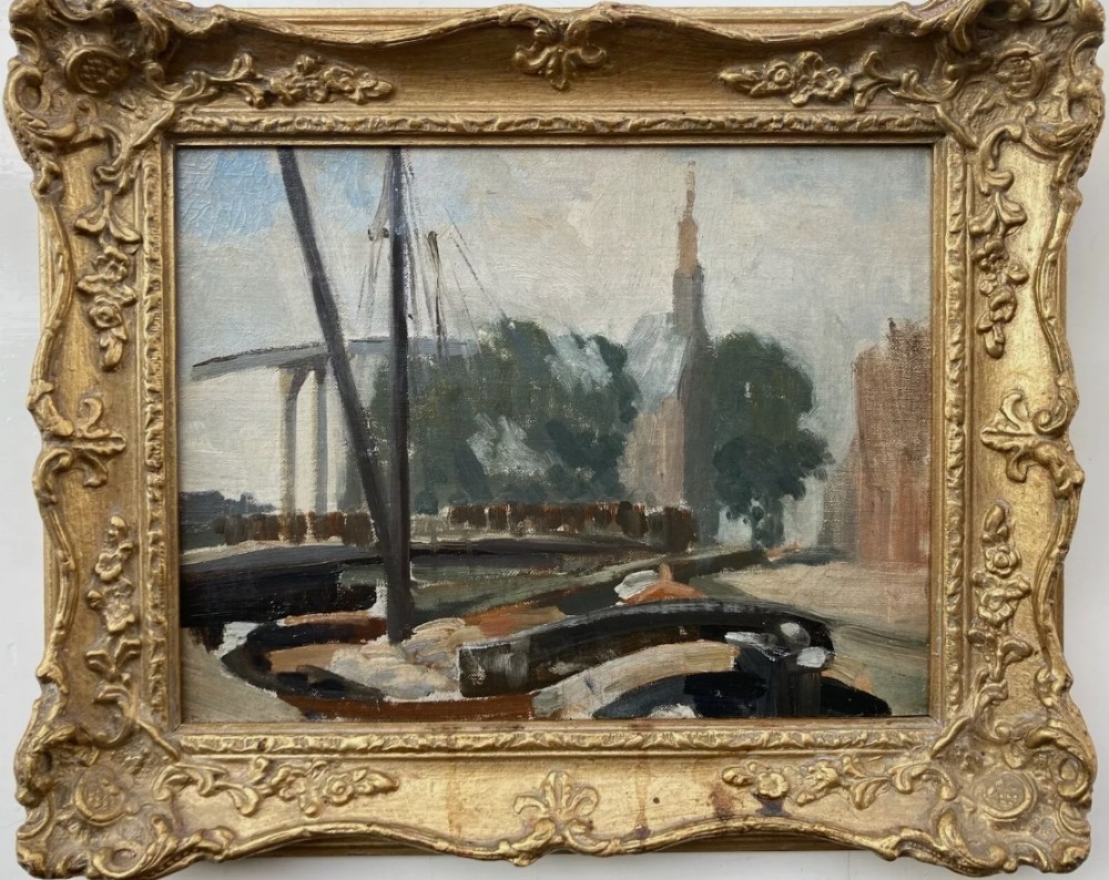 Original Early 20th Century Impressionist Style Oil Painting on Board Dutch Canal Landscape