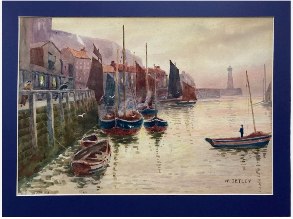 W Tetley Signed Original 19th Century Antique Watercolour Painting Whitby Harbour Fishing Boat Landscape