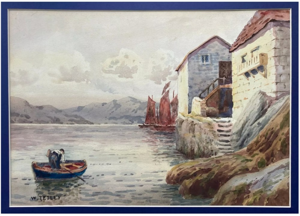 W Tetley Signed Original Late 19th Century Antique Watercolour Painting Fowey Harbour South Cornwall Fishing Landscape