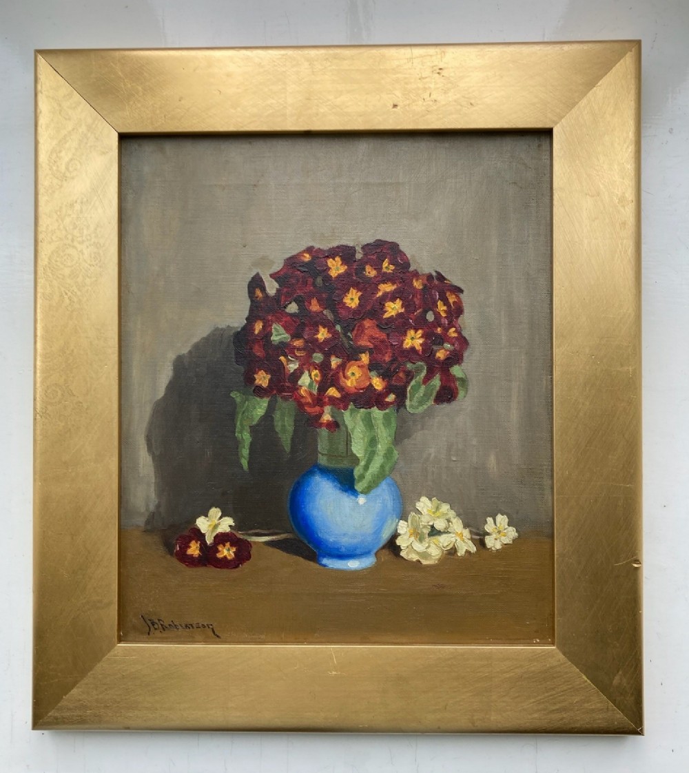 John Burns Robertson (Scottish) Signed circa 1930's Original Vintage Oil Painting on Canvas Still Life Study of Auricula Flowers in a Blue Vase