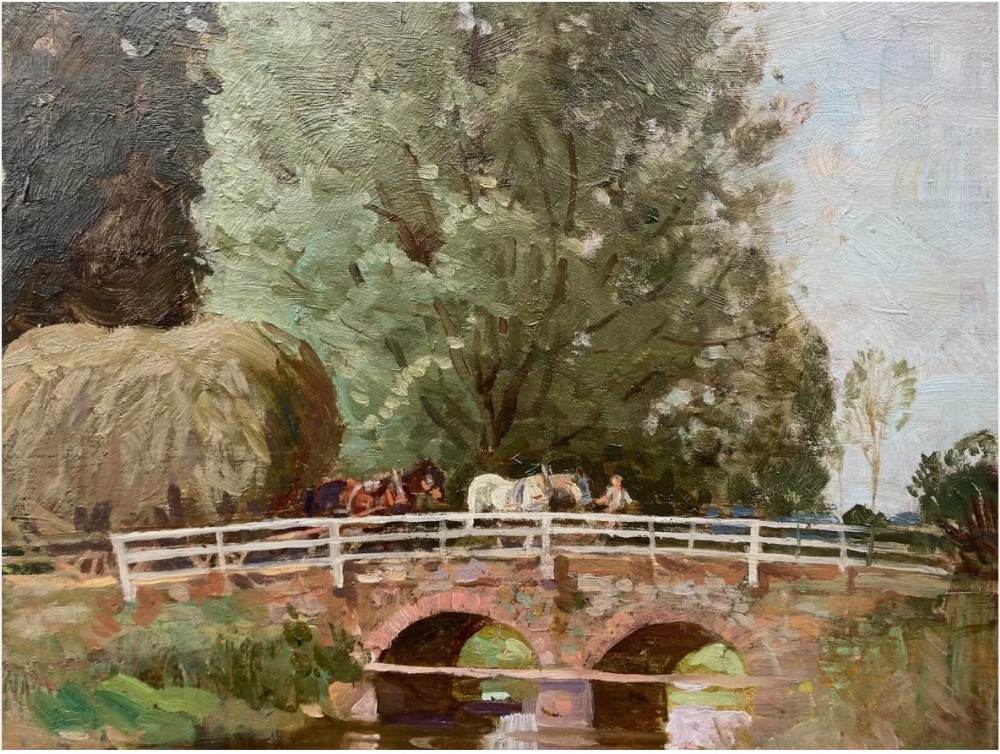 Original mid 20th Century English Impressionist School Oil Painting on Wood Panel Horses & Haycart being led over a Stone Bridge