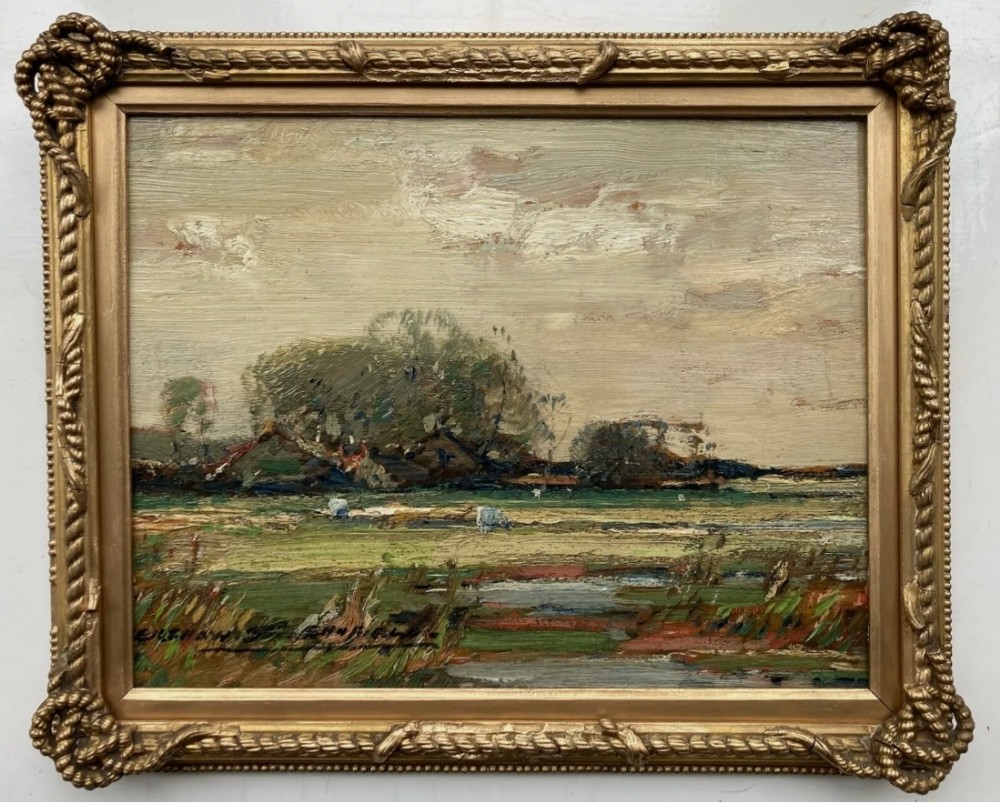 Kershaw Schofield Signed Original Antique Oil Painting on Wood Panel Farmland with Sheep English Landscape