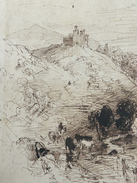 An early nineteenth-century monochrome ink sketch on aged paper depicting cattle grazing in a valley before a hilltop castle. View III