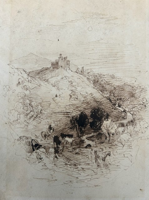 An early nineteenth-century monochrome ink sketch on aged paper depicting cattle grazing in a valley before a hilltop castle. View IV
