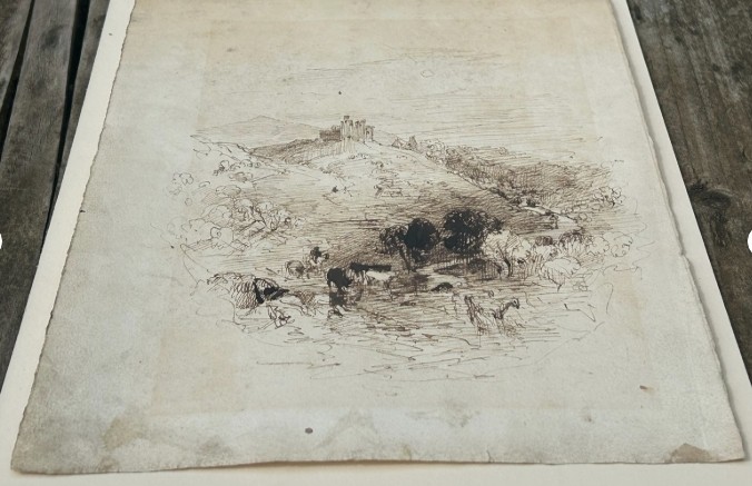 An early nineteenth-century monochrome ink sketch on aged paper depicting cattle grazing in a valley before a hilltop castle. View V