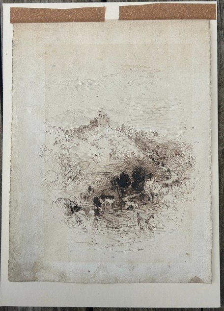 An early nineteenth-century monochrome ink sketch on aged paper depicting cattle grazing in a valley before a hilltop castle. View VII