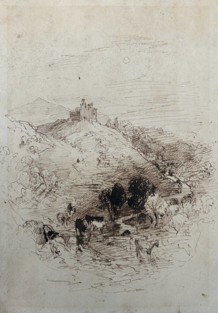 An early nineteenth-century monochrome ink sketch on aged paper depicting cattle grazing in a valley before a hilltop castle. View VIII